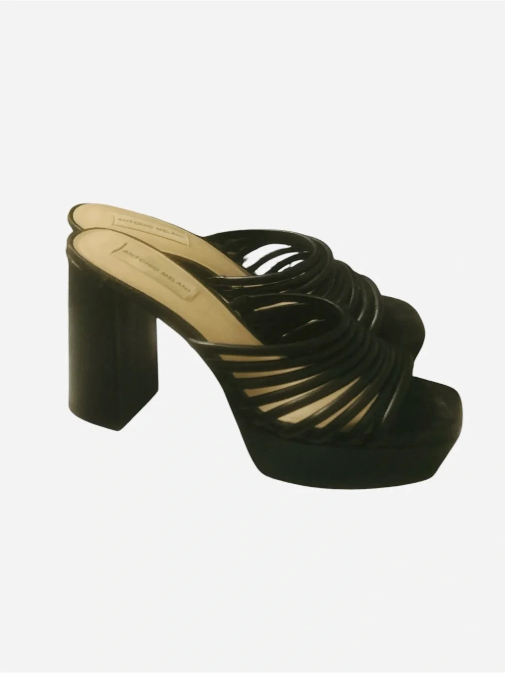 ANTONIO MELANI Bree Tubular Black Leather Multi-Strap Platform Block Heels
